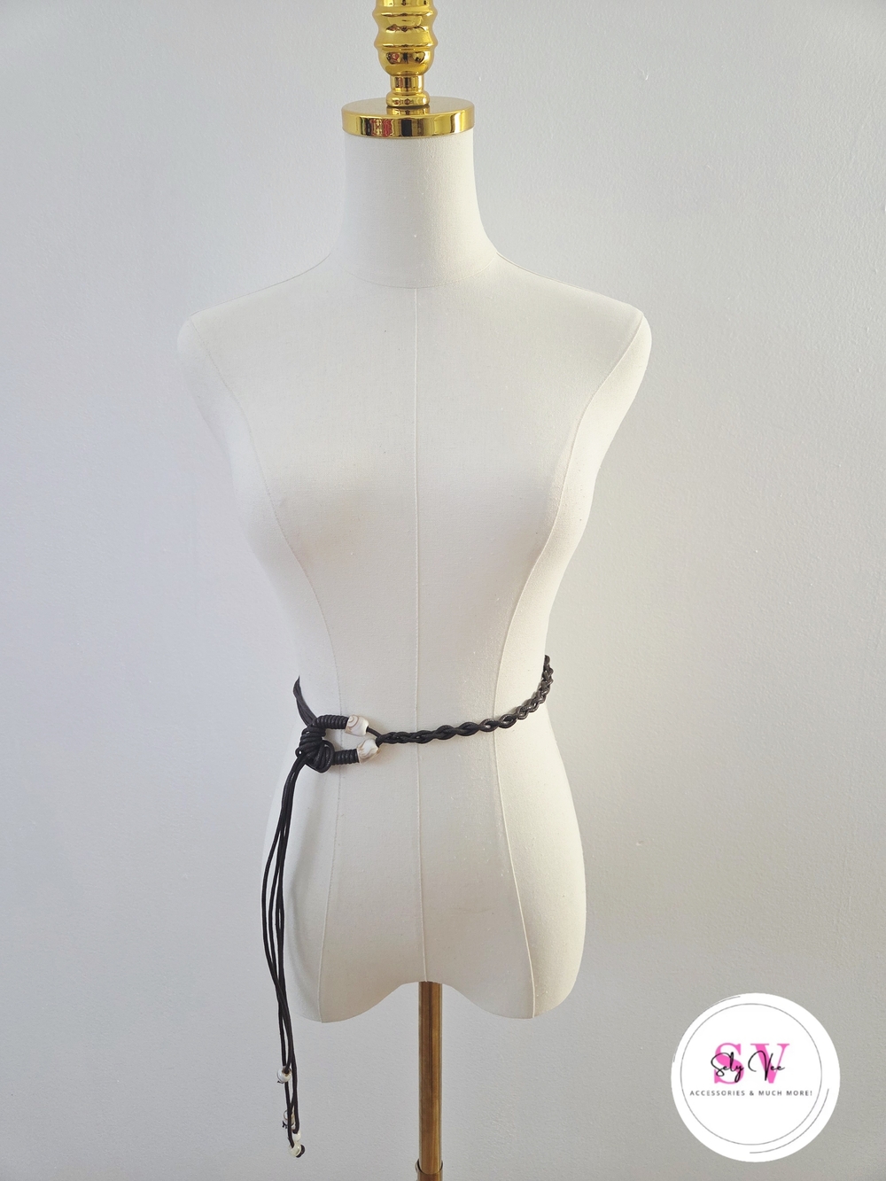 Dark brown braided belt with beige marble decor